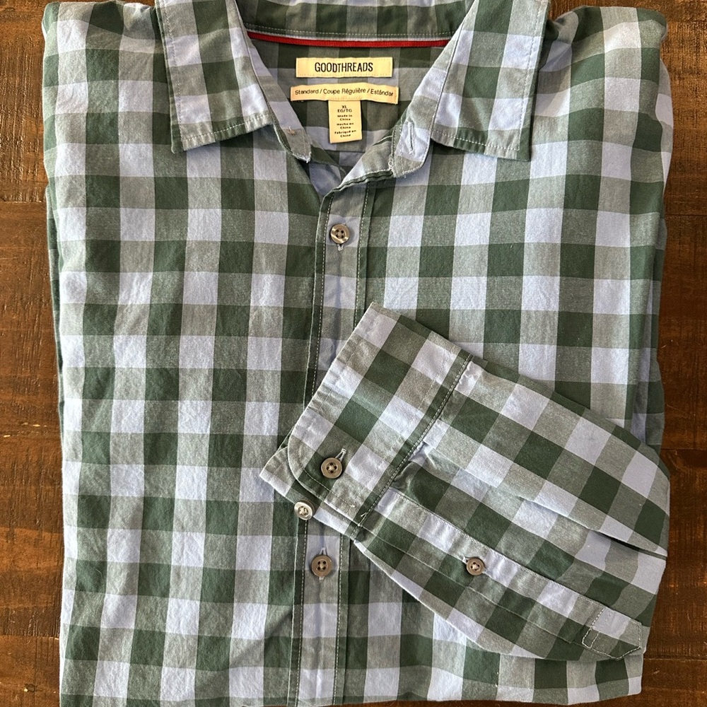 Goodthreads Men's green and light blue Plaid Shirt